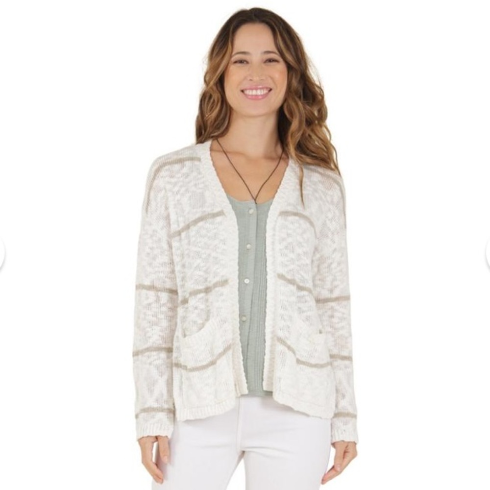 Carve Designs Kirby Cardigan White and Sage Green Open Front Pockets Size XS